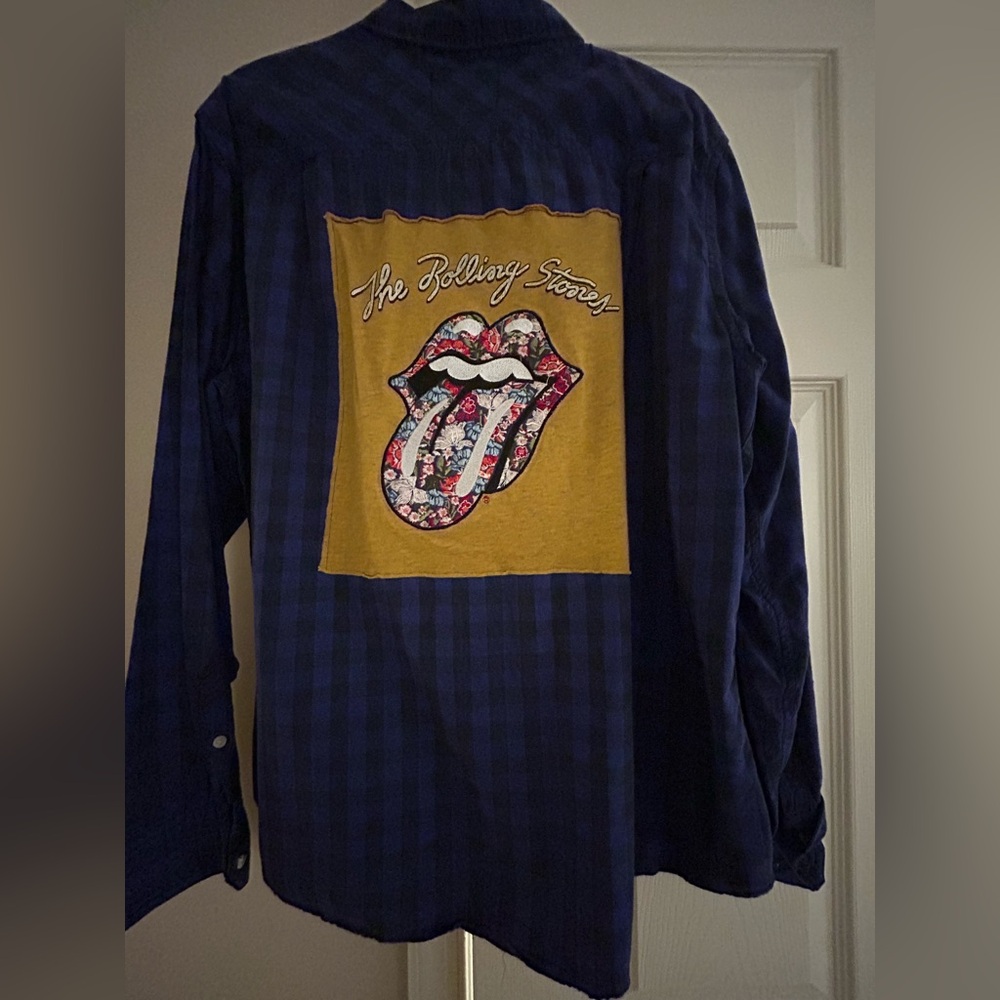 Rolling Stones Plaid Shirt with patch on back. Upcycled vintage shirt.